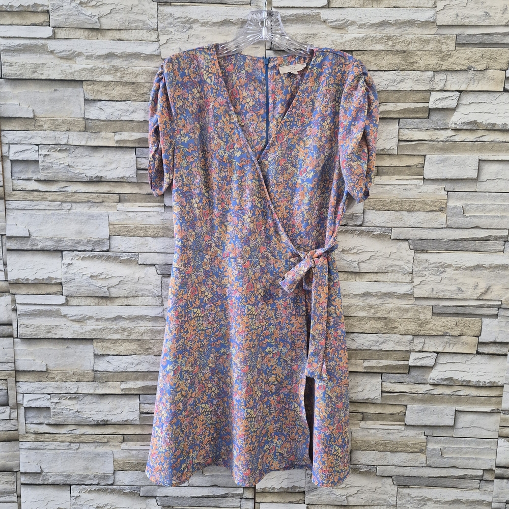 ​Chelsea & Violet Floral Faux Wrap Dress Women's S Blue Puff Sleeve Summer